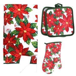 NWT Christmas House Holiday Poinsettia Printed Kitchen Linens Set